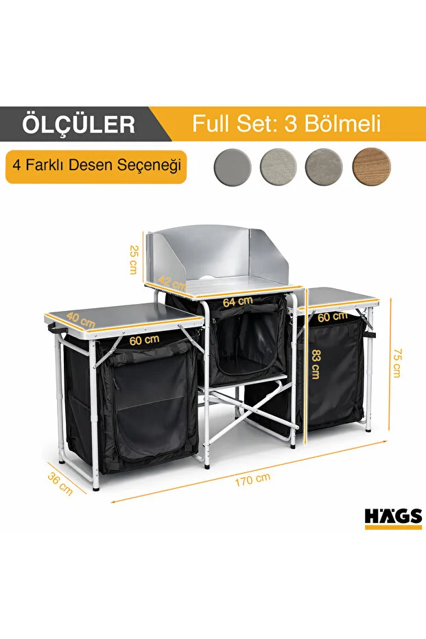Kamp Mutfağı, Katlanır Alüminyum Kamp Yemek Pişirme Tezgahı (3 Dolaplı -Hareli Ceviz Desenli) Kamp Mutfağı, Katlanır Alüminyum Kamp Yemek Pişirme Tezgahı (3 Dolaplı -Hareli Ceviz Desenli)